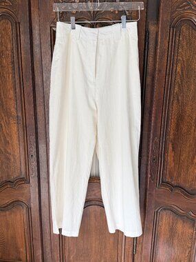 SANCIA Cream Textured High Rise Wide Leg Cropped Trousers Pants Small